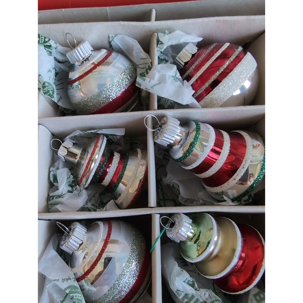Shiny Brite Glitter/Mica Stripe Christmas Ornaments Bell Ball UFO Atomic Set 12 - Picture 4 of 7